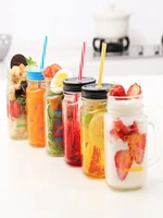 gradient mason jar color changing cups color glass mugs of milk tea cup transparent juice drink cup metal cover with a straw