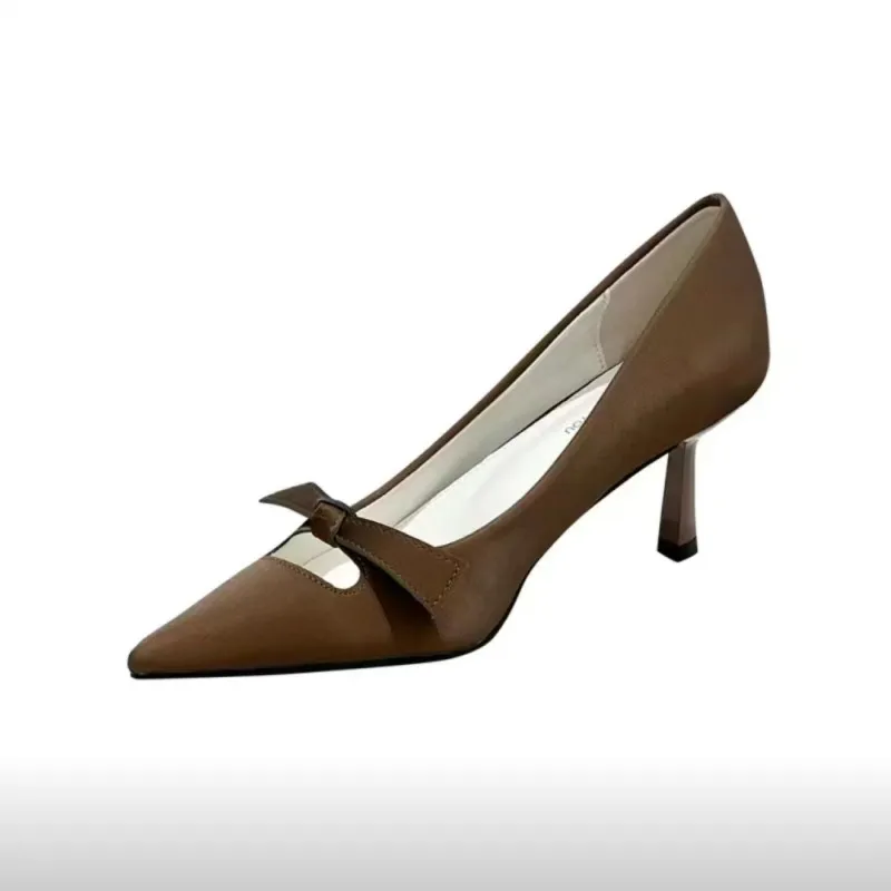 A6 Women's Spring Autumn Season New High Heels Temperament Pointed Bow Knot Light Mouth Solid Color Fashion Single Shoe Female