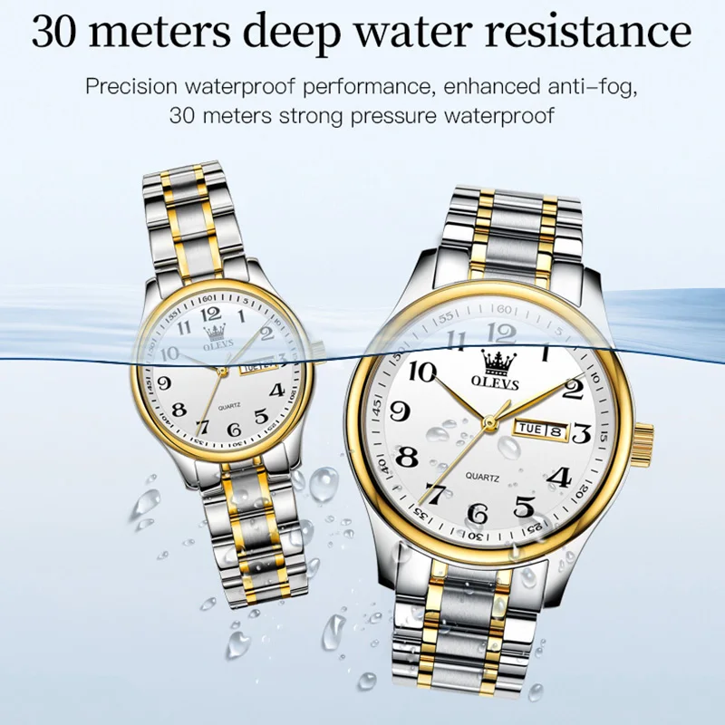 OLEVS 5567 Waterproof Alloy Strap Couple  Wristwatch Casual Quartz Trendy Luxury Watches for Couple Calendar Week Display