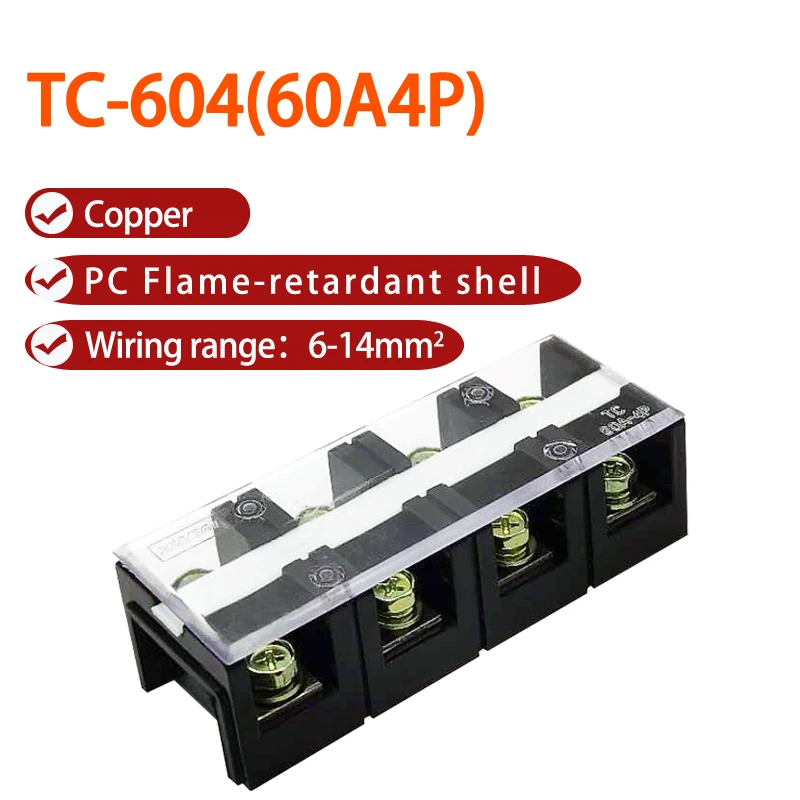 

TC-604 60A 4P Fixed Terminal Double Row Screw Terminal Block Terminal Connector Cable Header Copper