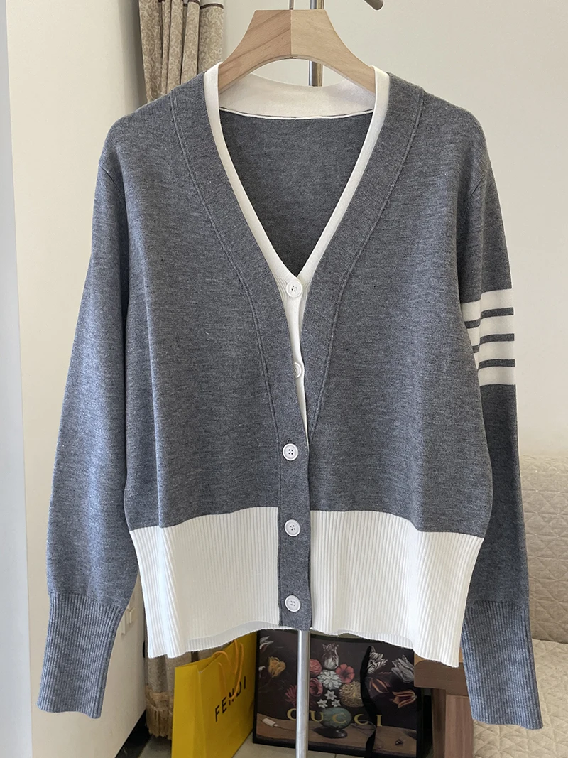

Женский вязаный кардиган-двойка, свободный шерстяной свитер с V-образным вырезом