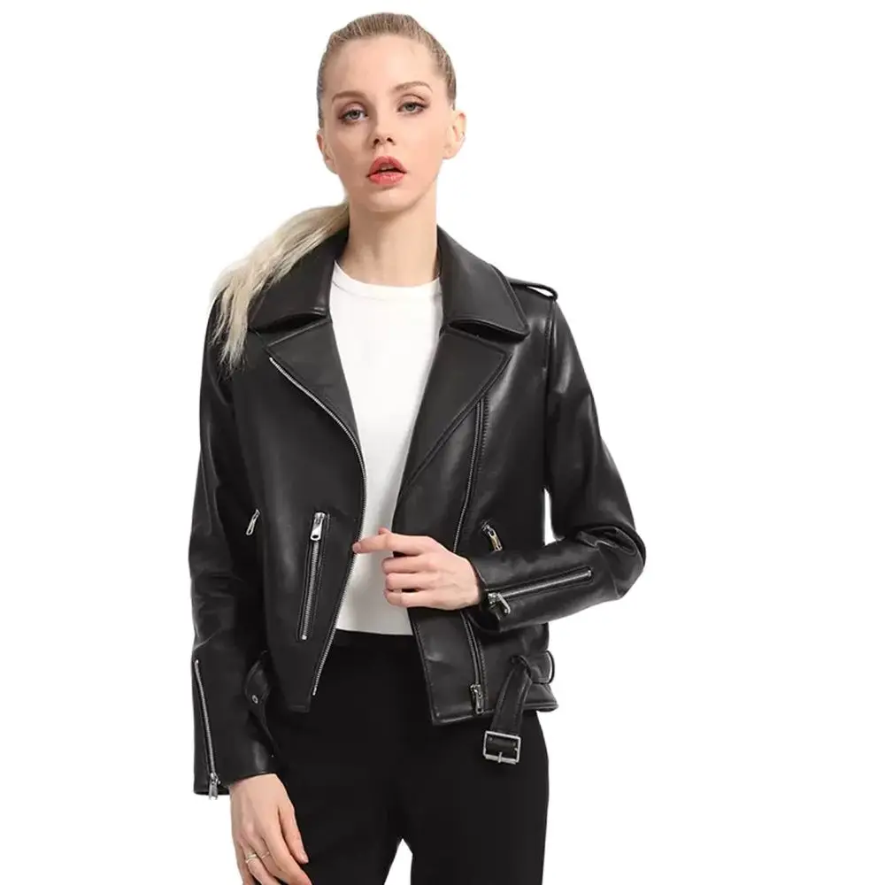 New Women Genuine Leather Jacket Spring Autumn Casual Turn-downCollar Streetwear Style Short Sheepskin Coat Slim Biker Outerwear