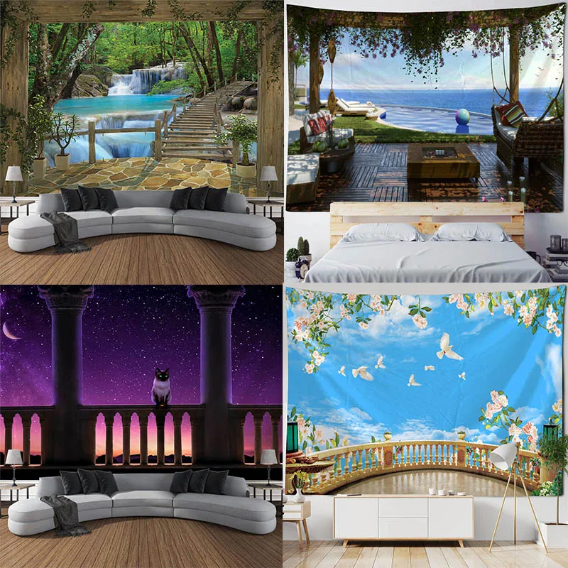 

Гобелен на стену с изображением ландшафта на балконе водопада подвесное море и небо красивая комната Художественная ткань большой фон для ...