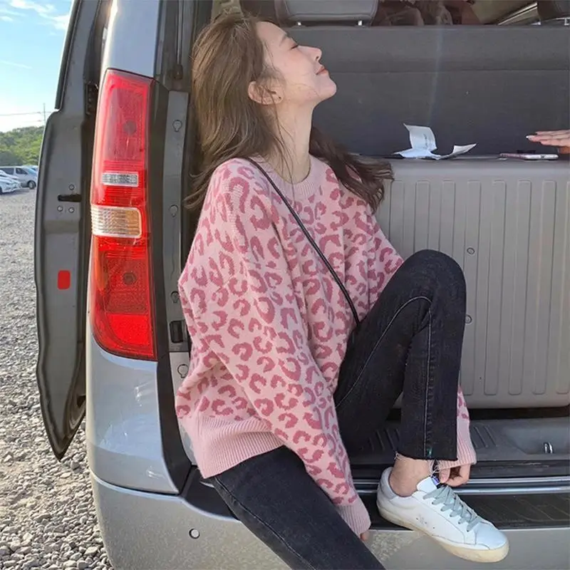 Женские пуловеры с леопардовым принтом в стиле преппи винтажном Харадзюку