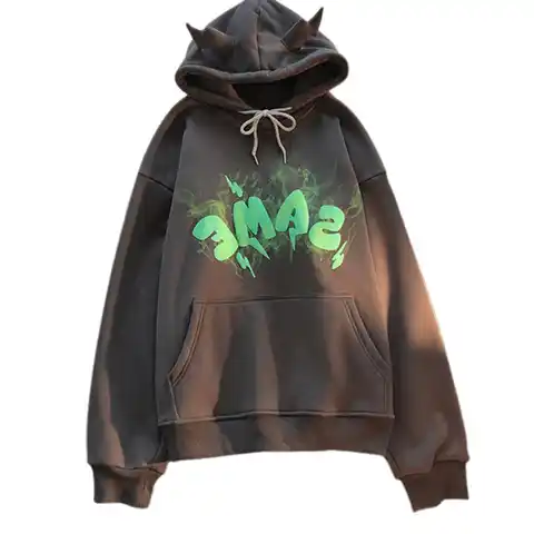 Women Autumn Hoodie Letter Pattern Drawstring Student Pullovers Sweatshirt Warm Thick Graffiti Horn Winter Hoodie