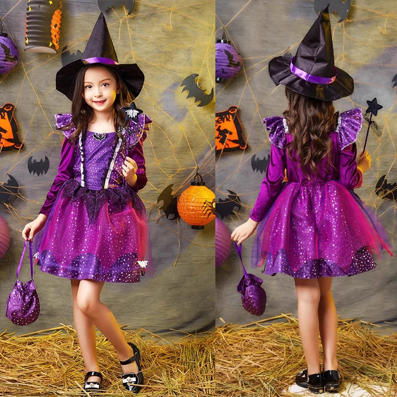 Платье на Хэллоуин для девочек костюм ведьмы Пурпурное Пышное детская