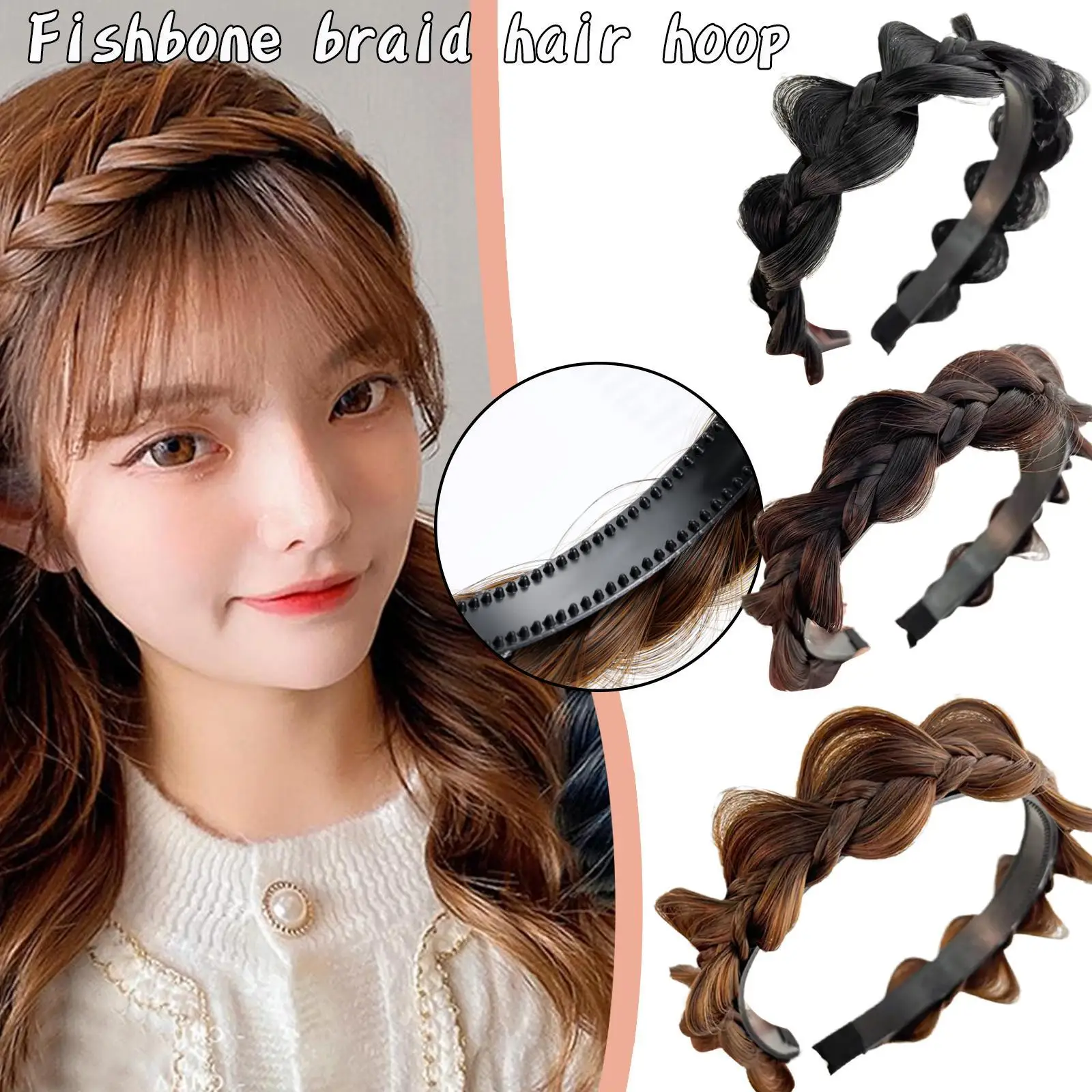 Fluffy Fishbone Wig Headband Wig Twist For Women Wide Fishbone Braids Head Hoop Hair Styling Headwear Accessories