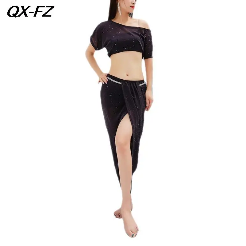 Элегантный женский танцевальный тренировочный костюм топ и юбка с разрезом для