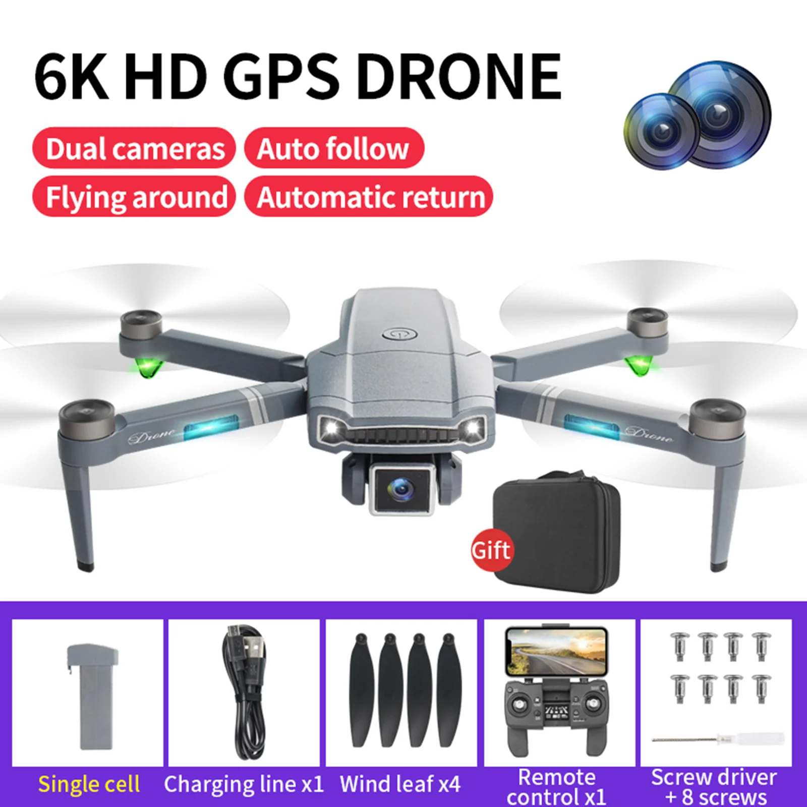 

Remote Control Quadcopter Grey GPS 4K Aerial Photography Dual Camera HD Brushless Motor Optical Flow Positioning RC Drone 2.4G