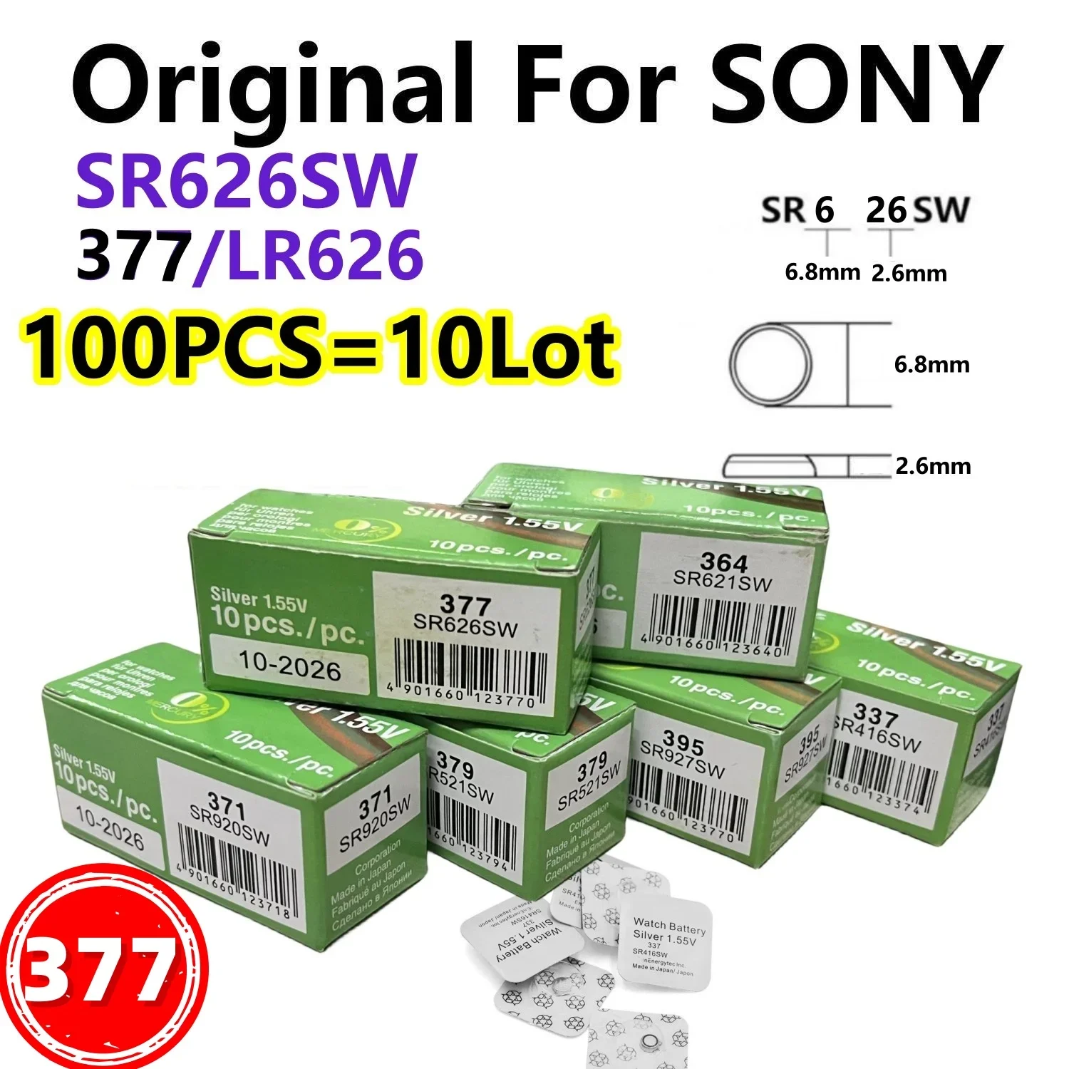 Фото 100 шт. оригинальные аккумуляторы для SONY SR626SW LR626 AG4 LR66 377 377A, щелочная батарея для часов, игрушки, автомобильный пульт дистанционного управления, 1,55 В №1