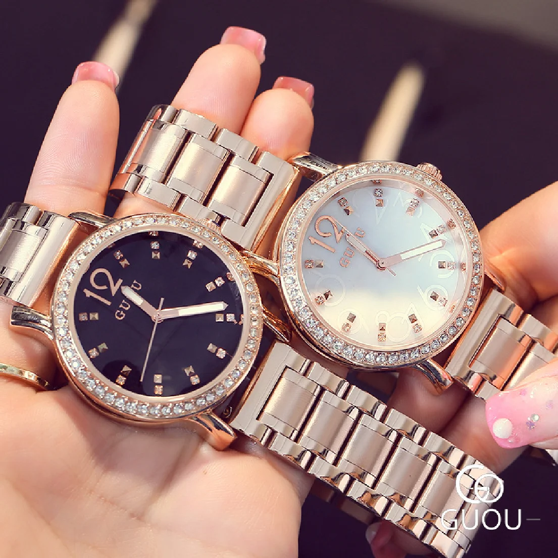 

Hongkong GUOU Brand Diamond Ladies Watch Korean fashion shells with simple rose Steel Ladies Watch