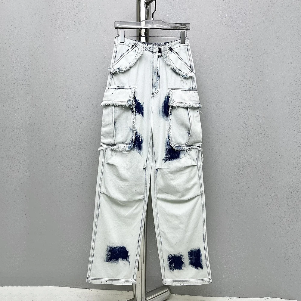 

Cowboy Blue Tie-dye Fur Trim Work Style Straight Women's Jeans 2022 Autumn And Winter Fashion High Street Personality Y2k Pants