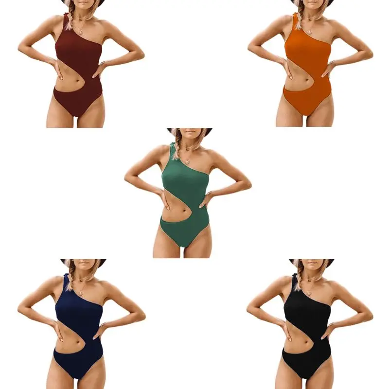 

Womens Sexy One Piece One Shoulder Lace-Up Bowknot Monokini Solid Color L
