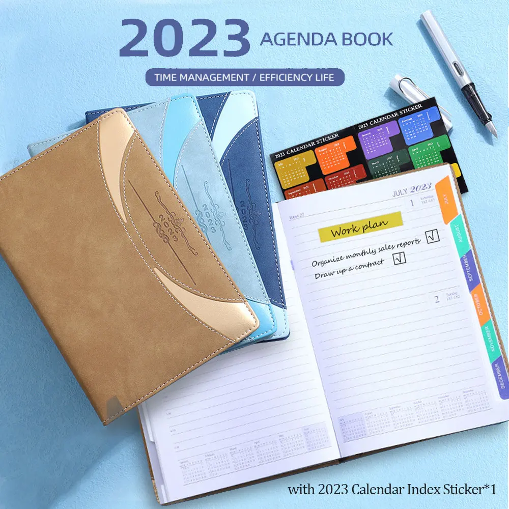 

2023 Agenda Planner Notebook A5 Leather Notepad Daily Hourly TO DO & Calendar Index Memo pad Office Stationery School Supplies