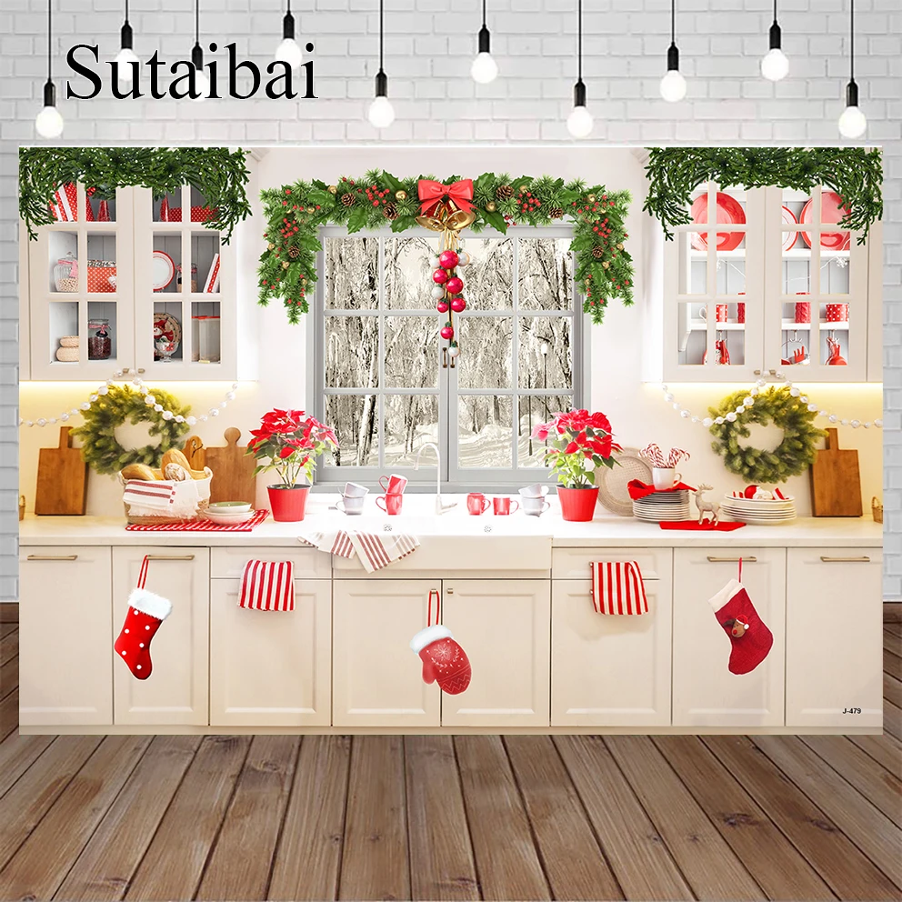 

Christmas Kitchen Backdrop Winter Xmas Cooking Indoor Photography Background Family Reunion Baby Shower Merry Friendsmas Party