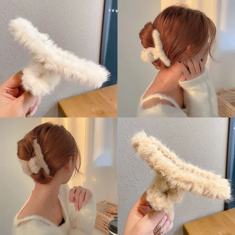 

Women Hair Claw Plush Clip Cute Korean Fall Winter Solid Elegant Acrylic Furry Accessories Girls Faux Fur Hair Clamp Claw Clip