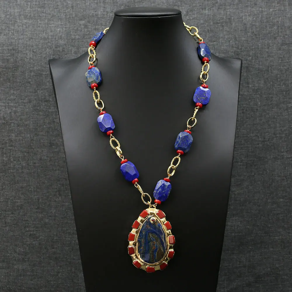 

GG Jewelry натуральный голубой ляпис Lazuli Red Coral Колье Золотая цепь Blue Ocean Jasper выложенный красный нефритовый кулон для благородной женщины