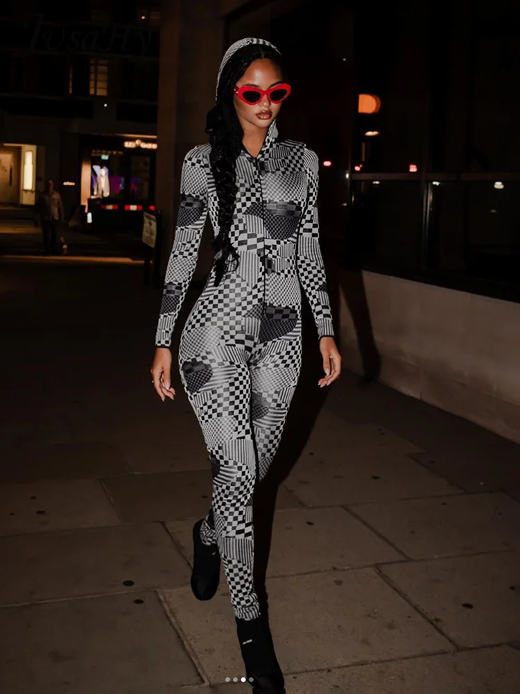 

Женский весенний Облегающий комбинезон JusaHy Y2K, привлекательная уличная одежда с капюшоном на молнии, цельные брюки, шикарный комбинезон с длинным рукавом, новинка 2023