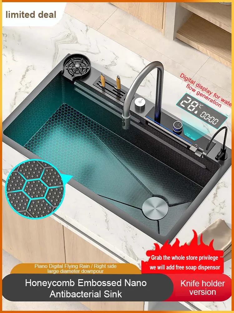 

Digital Display Waterfall Kitchen Sink Large Single Slot Nano Stainless Steel Sink Undercounter Honeycomb embossed kitchen sink