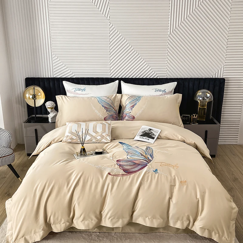 

Роскошный набор постельного белья цвета шампанского 1000TC из египетского хлопка с вышивкой в виде бабочки, комплект пододеяльника, постельное белье, подушки, постельное белье
