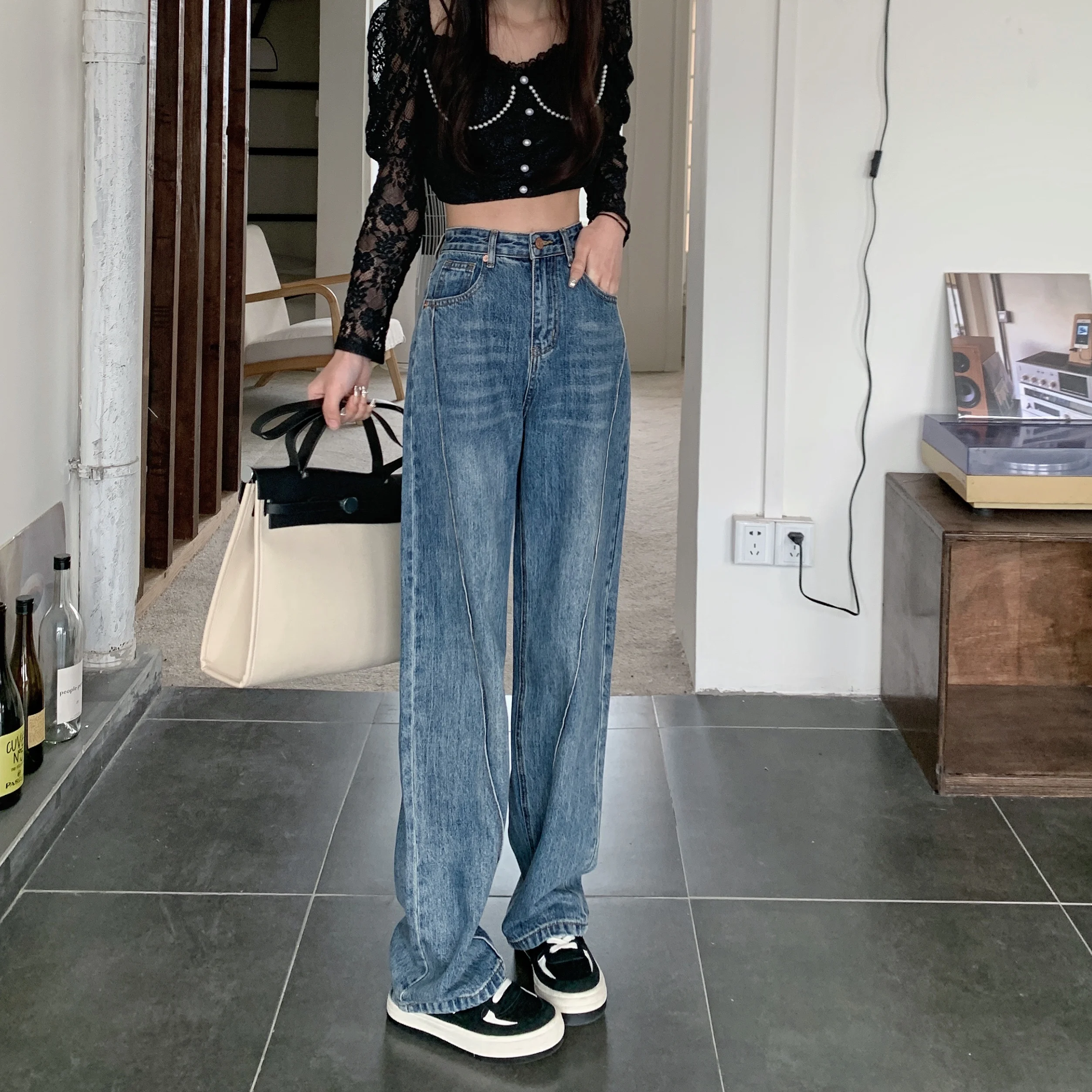 

DD1705 new style straight pants women's retro distressed wide leg jeans