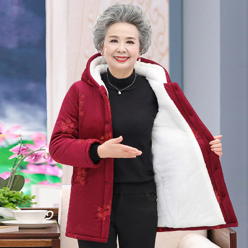 2022 Grandma Thicken Middle Aged Elderly Women Winter Coat Hooded Fleece Grandma Cotton Jacket Warm Mid-Long Mother Parka XL-5XL
