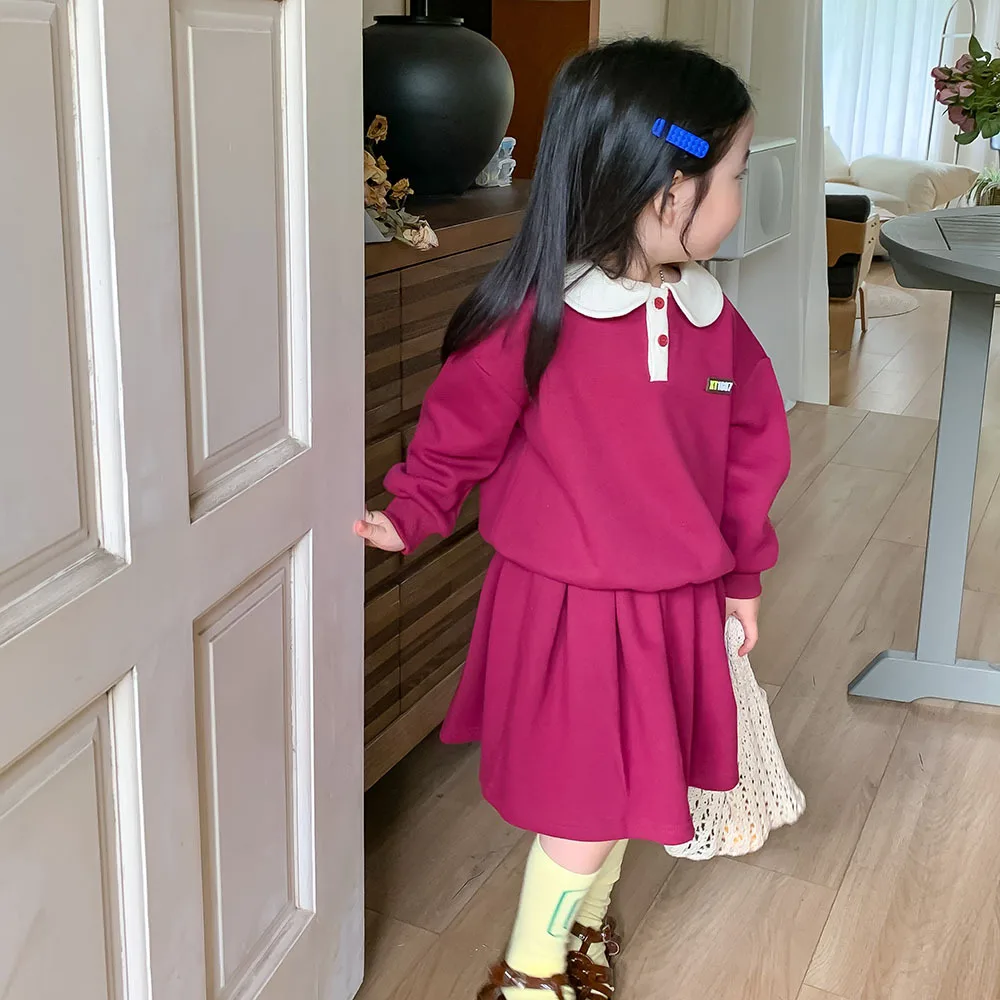 

2022 Girls Sets Sweatshirts Turn-down Collar Button Pullover Skirt A-line Knee Length Solid Sweet Casual Fashion Autumn Girls