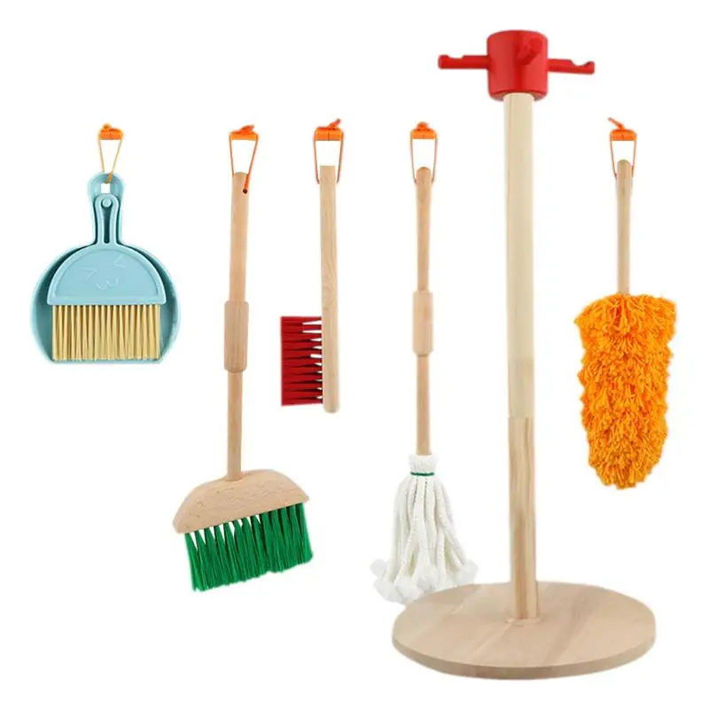 

Wooden Kids Cleaning Set Set Of 6 Kids Play Broom Mop And Cleaning Toys Set Includes Broom Dustpan Duster Mop Collapsible Bucket