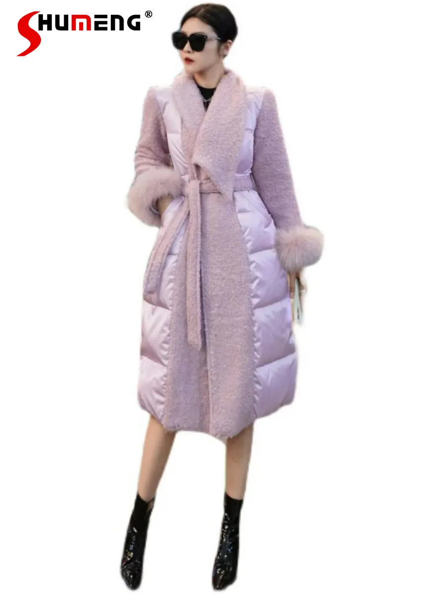 

Популярный большой меховой воротник, шерстяной белый пуховик в стиле пэчворк, Женское зимнее пальто, модный фиолетовый длинный пуховик с по...