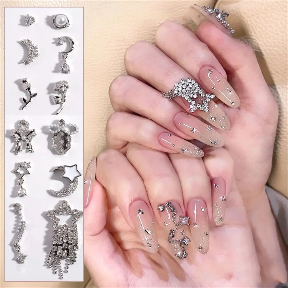 

Luxury Silver Zircon Nail Art Rhinestones 3D Star Moon Flower Cross Tassel Chain Pearls Nail Decorations Jewelry DIY Accessories