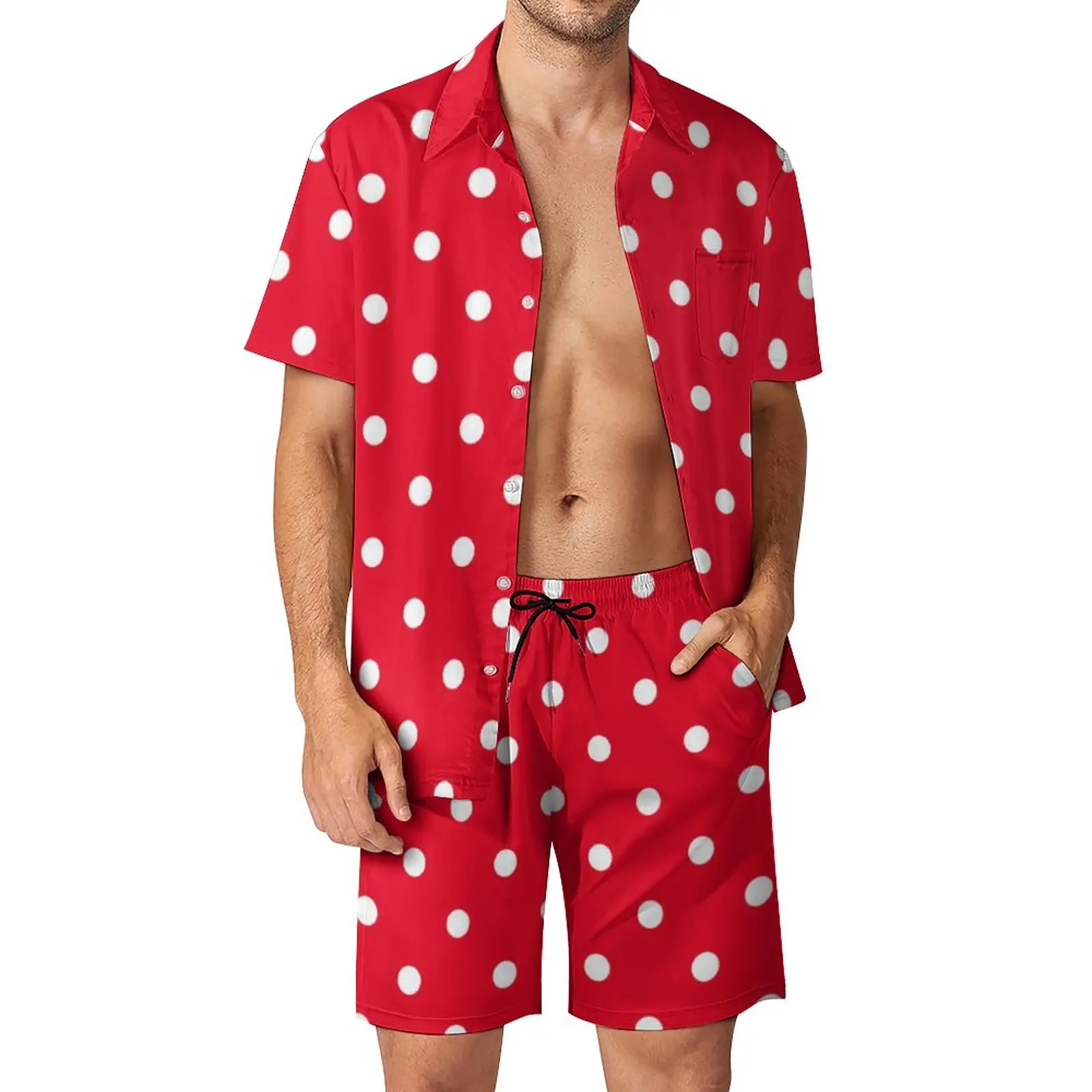 

Red with White Polka Dots Men Sets Polka Dot Spotted Circles Trending Casual Shirt Set Short Sleeves Shorts Summer Outdoor Suit