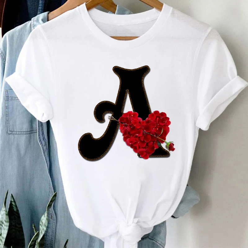 

Women t shirt Oversized T-shirt Fashion Fun Retro Tops Alphabet Rose Pattern O-Neck White Tee Shirt Femme