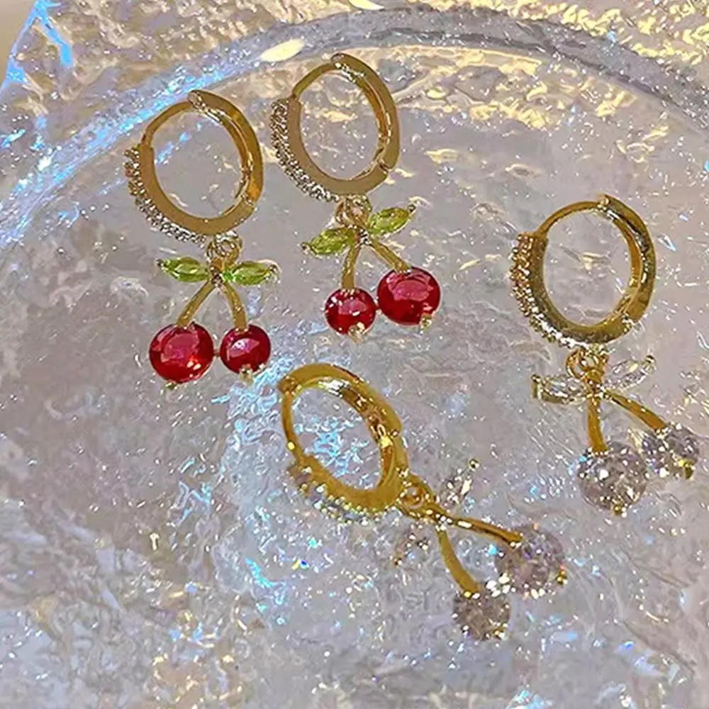 

Crystal Elegant Zircon Cherry Shape Ear Buckle Temperament Light Luxury Dangle Earrings
