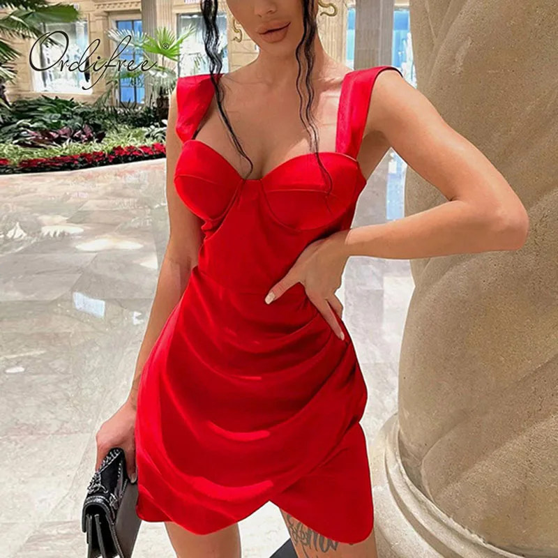 Женское атласное мини-платье Ordifree облегающее короткое платье на тонких бретелях