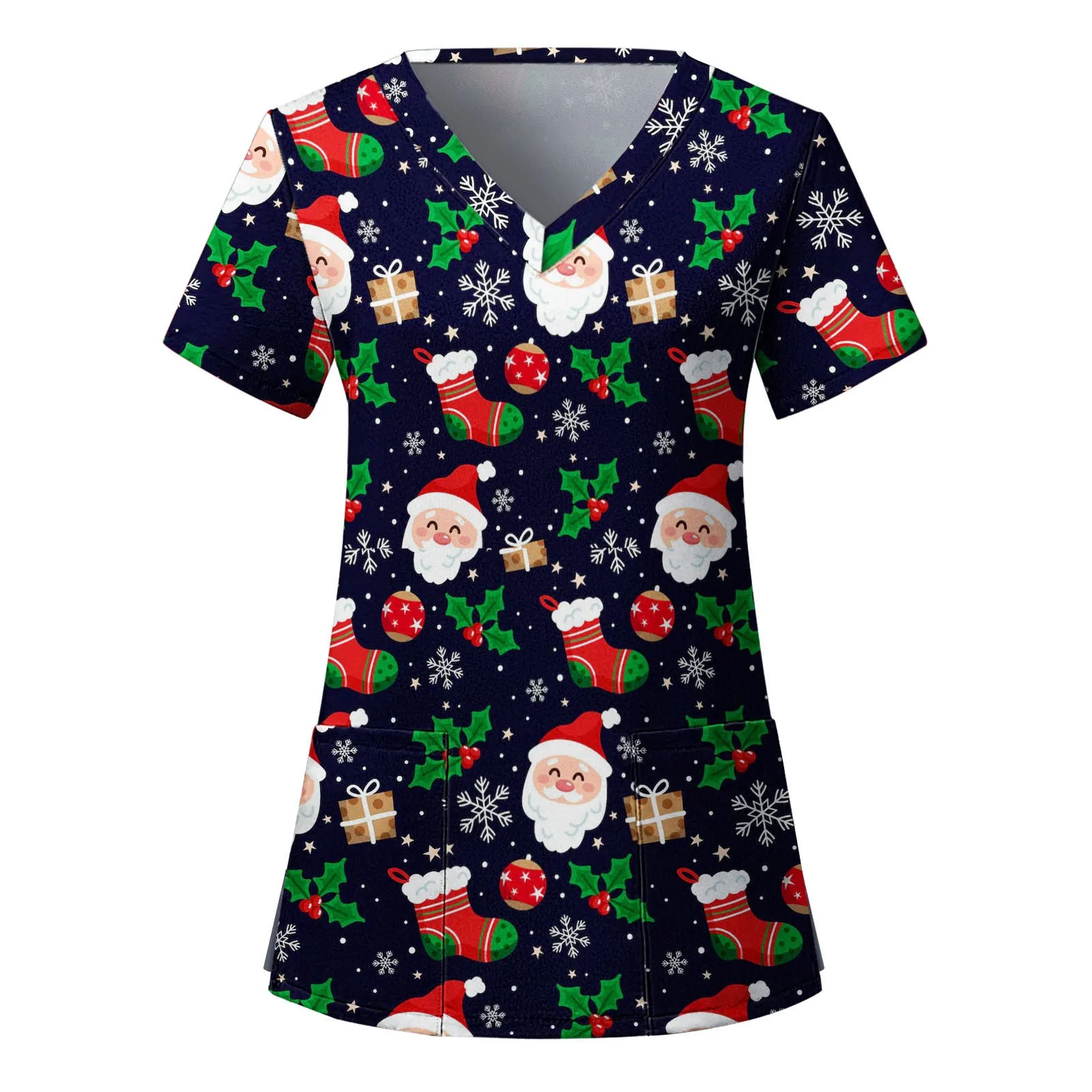 

2023 Рождественская скраб-форма для женщин Рождественский Повседневный принт с коротким рукавом Карманы Свободные Новогодние рождественски...