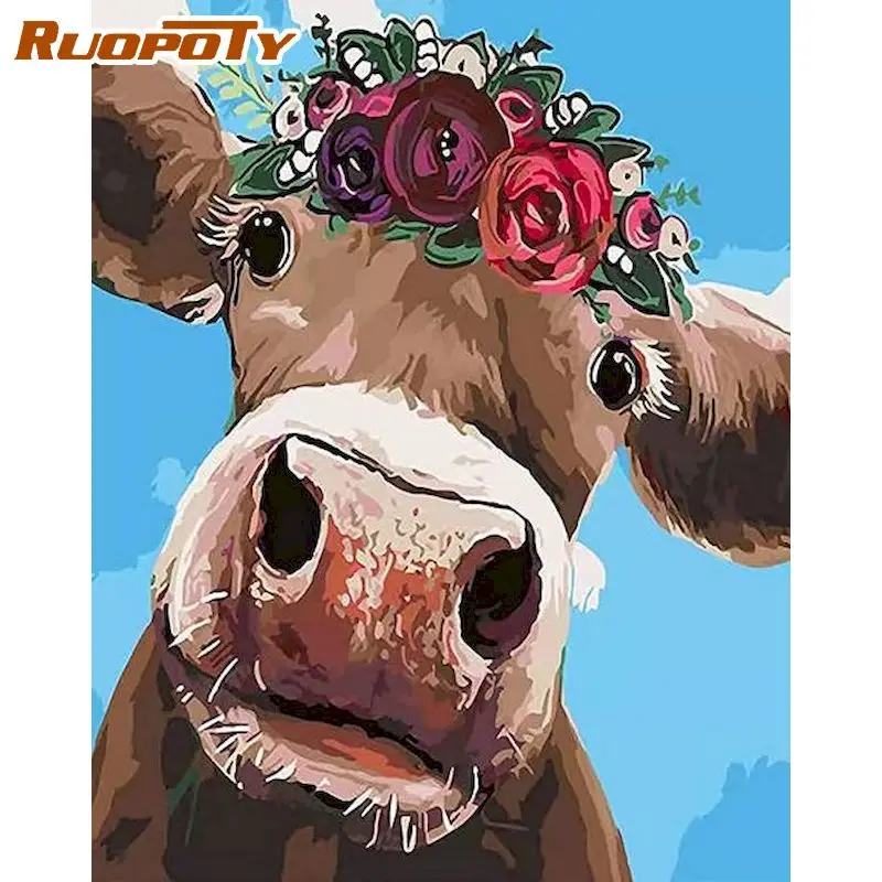

RUOPOTY Coloring By Number Animal Kits For Adults Handpainted DIY Frame Oil Painting By Number Flower cow Home Decoration Gift