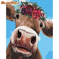 ruopoty coloring by number animal kits for adults handpainted diy frame oil painting by number flower cow home decoration gift