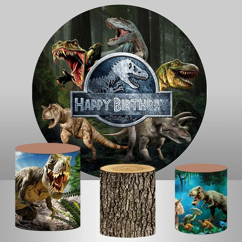 

Forest Jurassic Dinosaur Round Backdrop Cover Boys Birthday Party Circle Background Wood Plinth Covers Customized Backdrop Decor