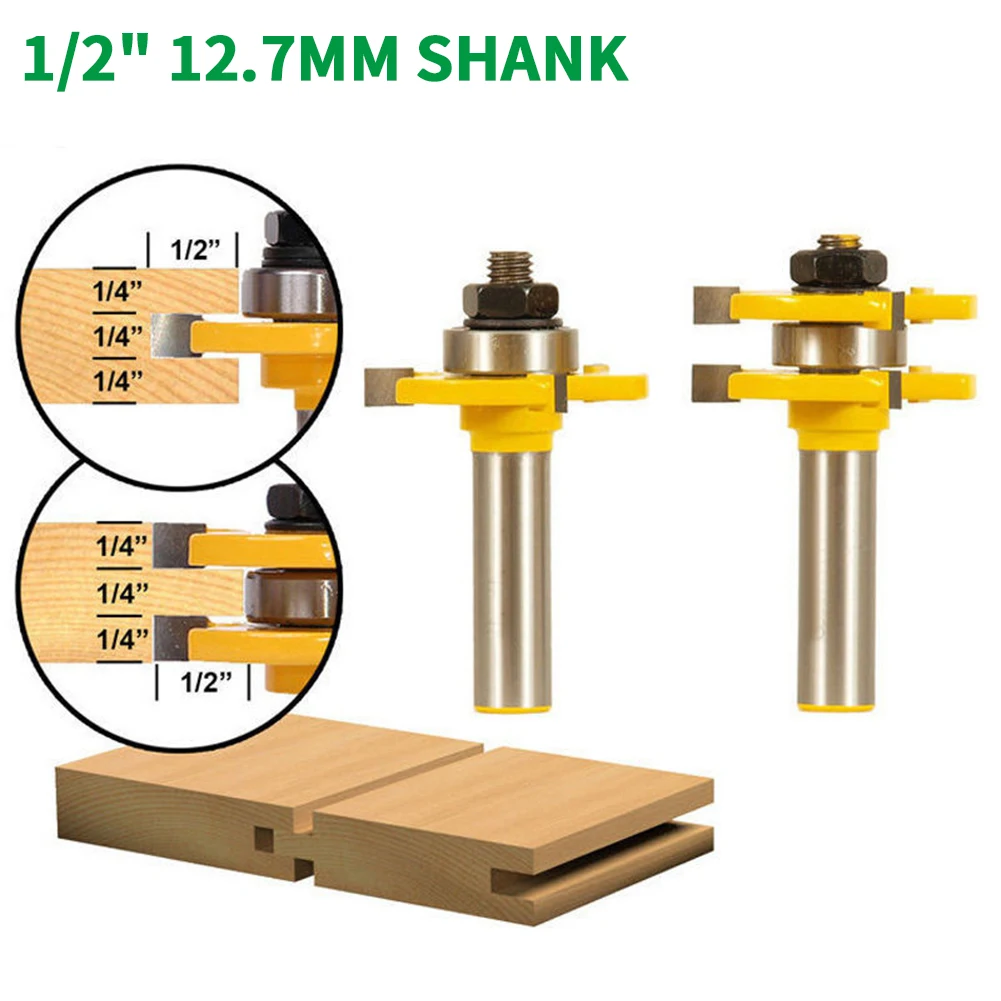 

2PC/Set 1/2" 12.7MM Shank Milling Cutter Wood Carving 1/2" x 1/4" Tongue Groove Router Bit Set Woodworking Tenon Cutter for Wood