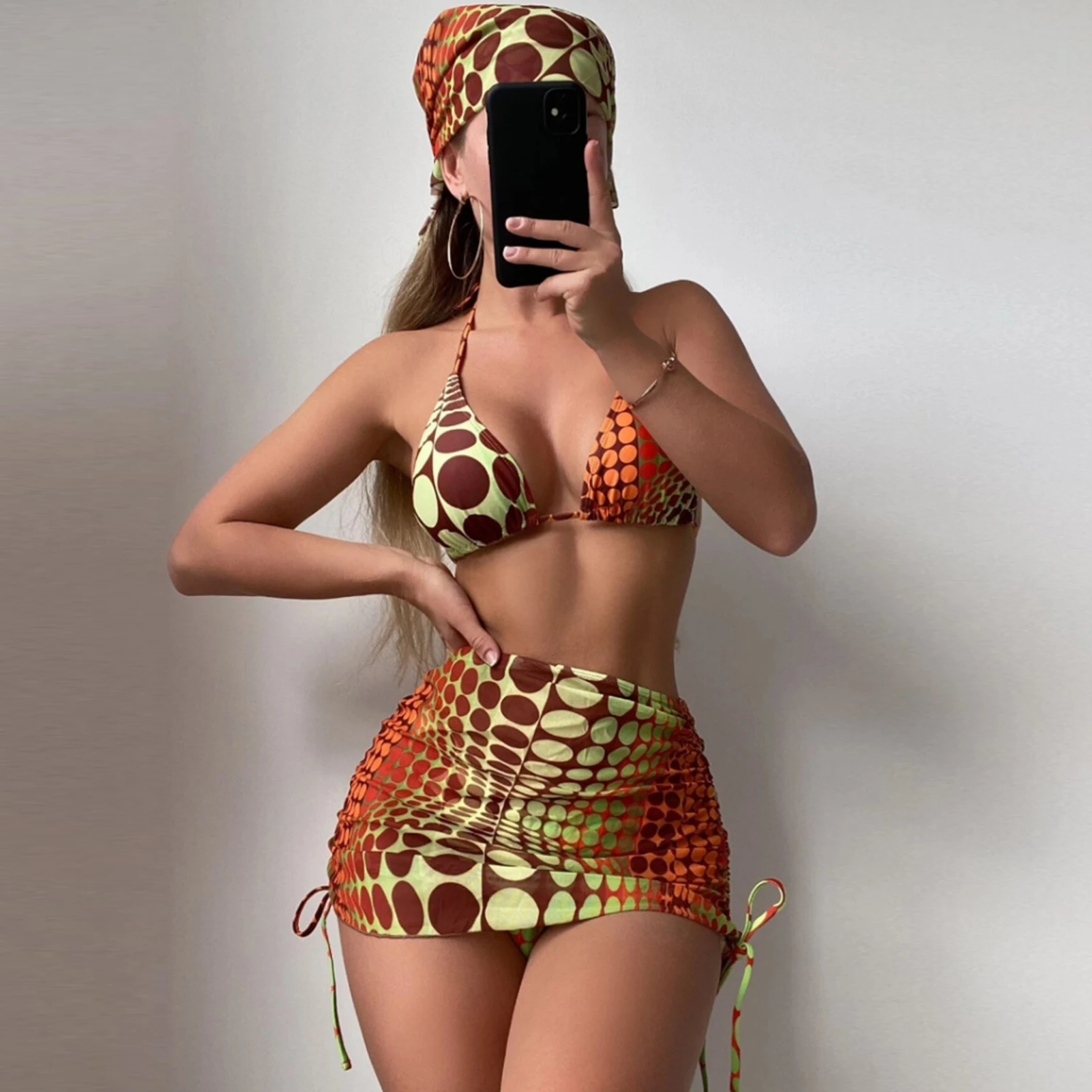 

Купальник-бикини женский из 3 предметов, с юбкой и лямкой на шее