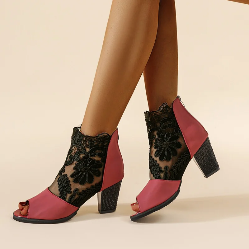 

2023 New Fashion Women's Summer Sandals Casual Elegant Middle Heel Women's Shoes High Heels Mesh Lace High Heels Large Size 42