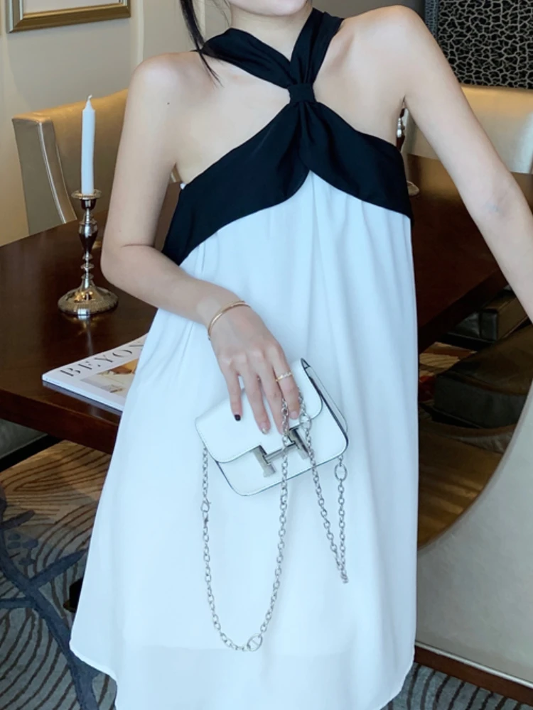 

Женское повседневное мини-платье на бретельках, Элегантное черно-белое платье, женская модная верхняя одежда, одежда для весны и лета