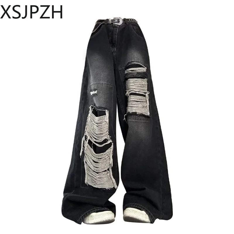 

Korean Fashion Women's Black Jeans High Waist Vintage Y2k Streetwear Ripped Pants Harajuku Casual Wide Leg Denim Gothic Trousers