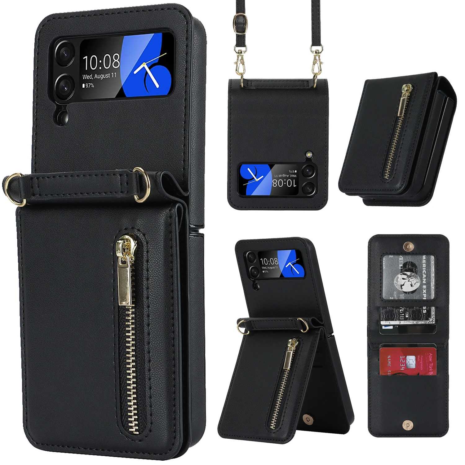 

Crossbody Zipper Wallet Phone Case for Samsung Galaxy Z Flip 4 3 5 Flip4 Flip3 5G Card Slot Holder Purse Lanyard Leather Cover