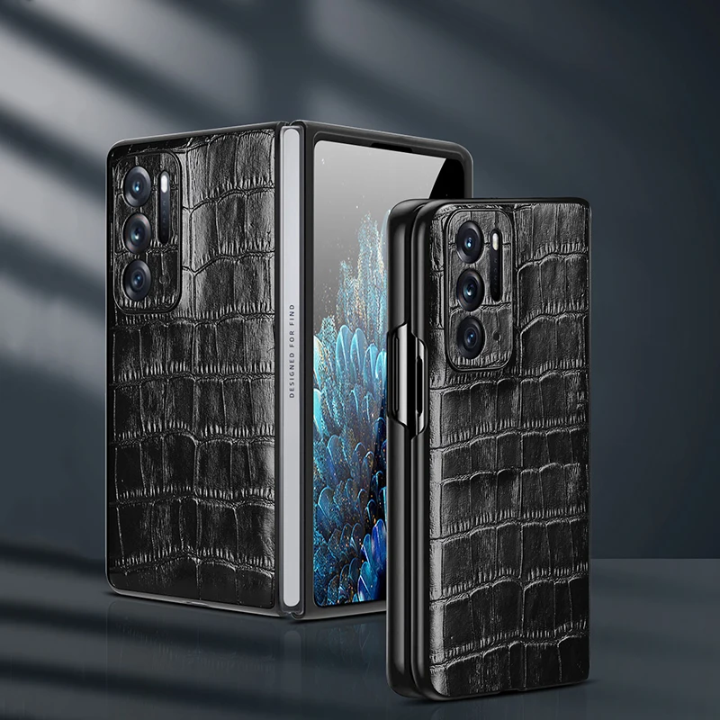 

Genuine Leather Case For OPPO Find N Cover Shockproof Camerra Protector Luxury Crocodile Pattern Folding Phone Case Business Men