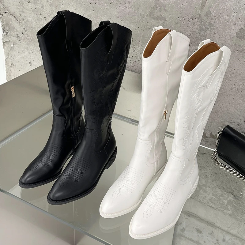 

New 2022 Fashion Women Knee High Boots Chelsea Female Casual Shoes Fashion Zippers Shoes Pointed Toe Sexy Ladies Western Boots