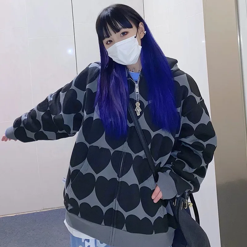 

Fashion Street Culture Love Printing Women's Hoodie Sweater Couple Loose Casual Sports Shirt Summer and Autumn New Zipper Top