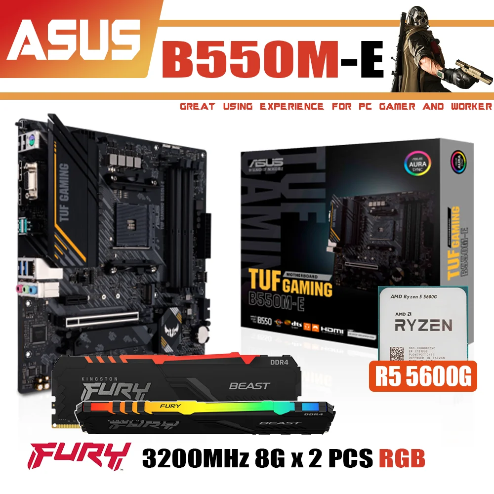 

NEW Kit ASUS TUF GAMING B550M-E AM4 Motherboard With AMD Ryzen 5 5600G Processor Fury RAM DDR4 3200MHz 8G x2 RGB Memory Combo