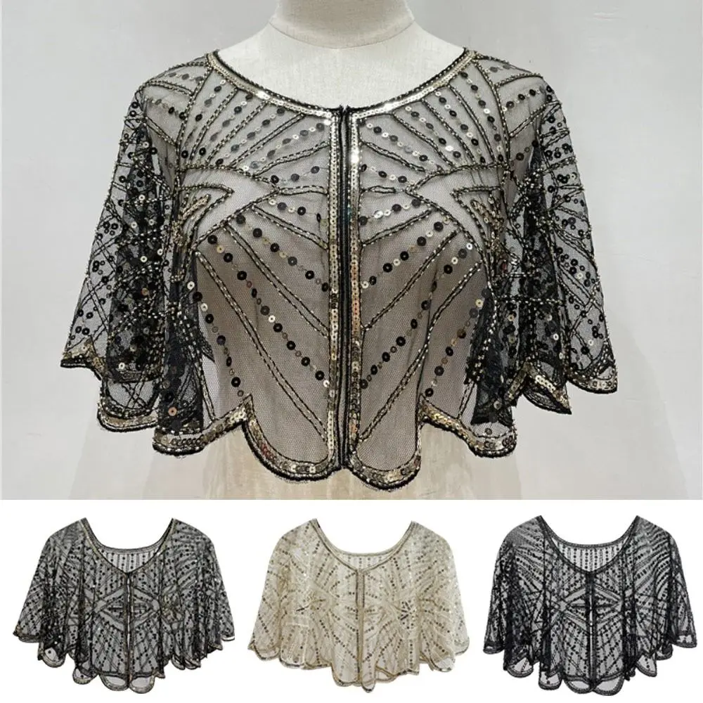 

Fashion Vintage Party Women Flapper Shawl Black Lace Beaded Decoration Short Cape