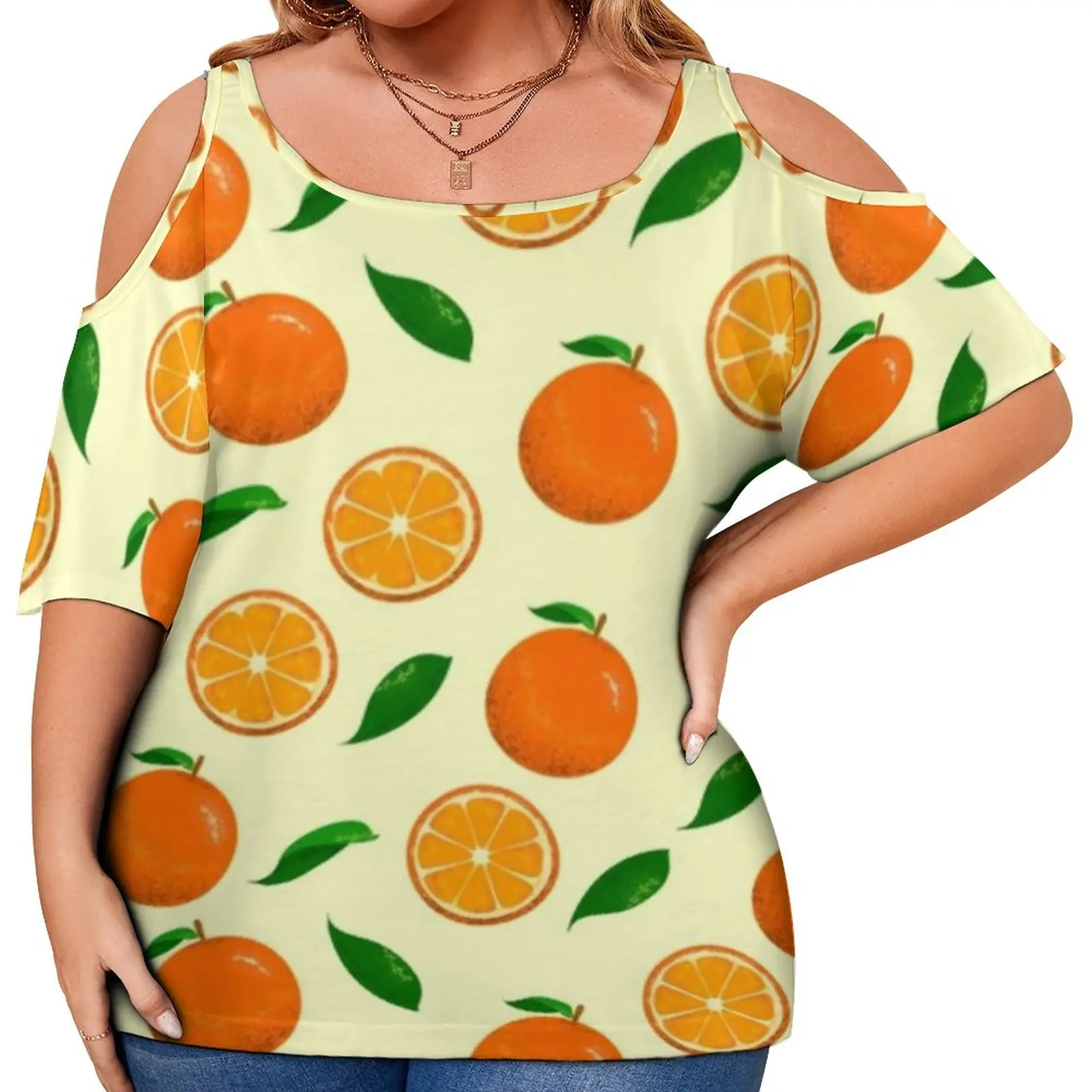 

Vibrant Oranges T Shirt Fruit Leaf Print Elegant T-Shirts Short Sleeve Fashion Tshirt Women Summer Pattern Clothes Plus Size 5XL